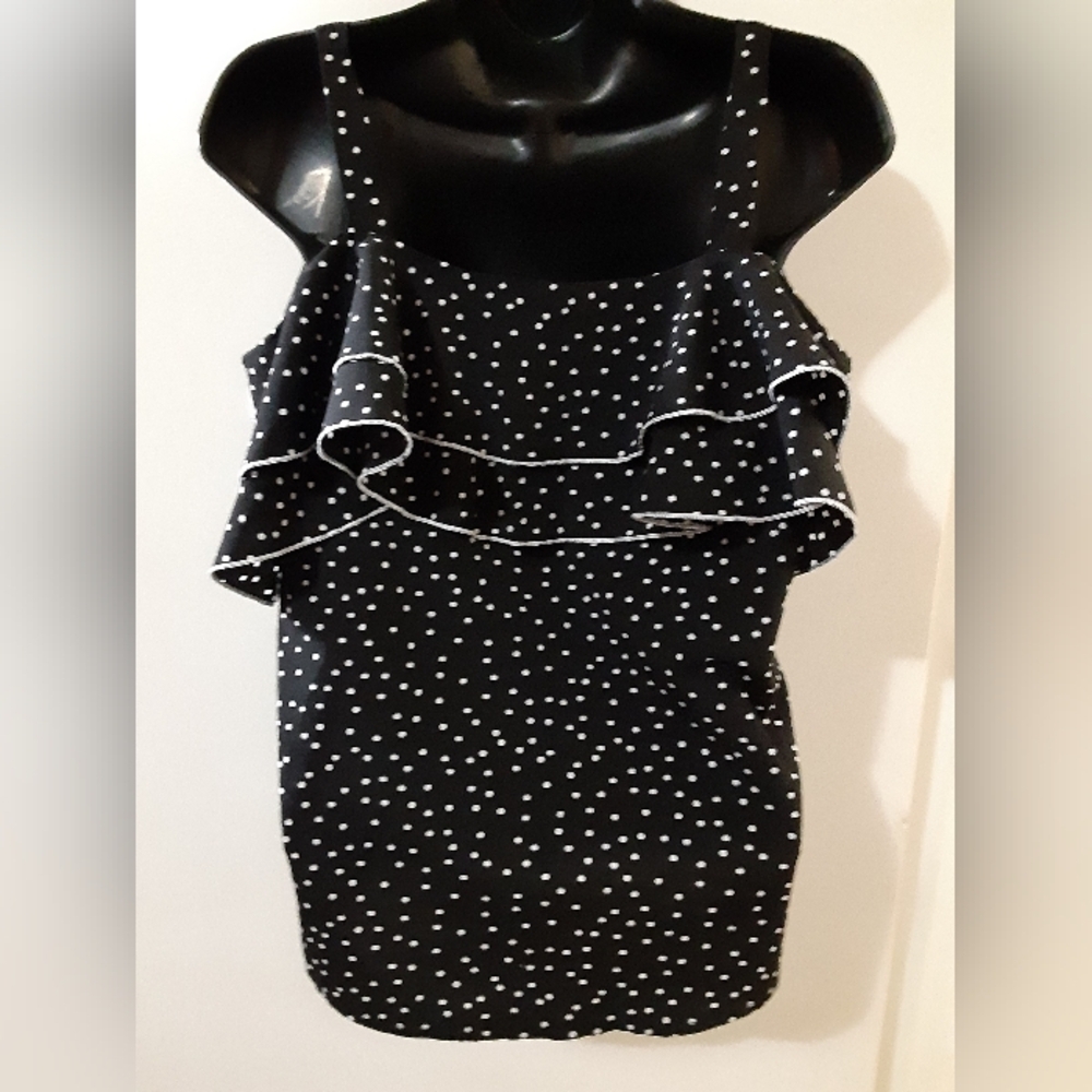 Polka Dot Ruffle Top Size 8 Black White Sleeveless Blouse Tiered Flounce Cute